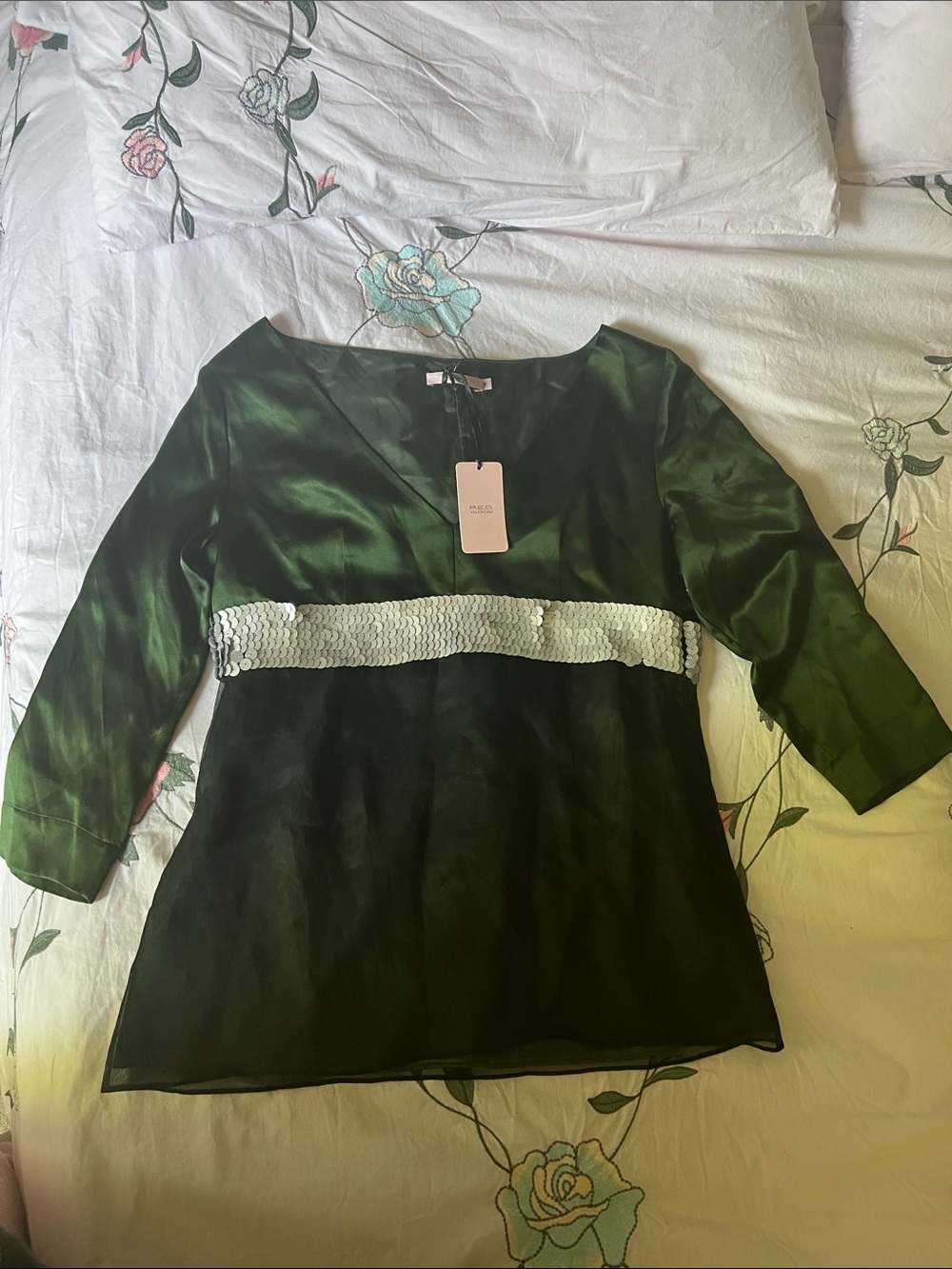 RED Valentino Emerald Green Satin Tunic with Silver Sequin Band